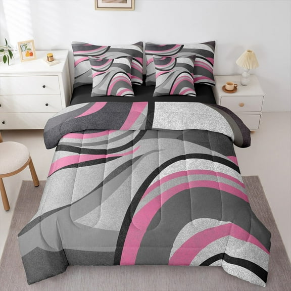 Feelyou Grey Pink Abstract Ombre Bedding Comforter Set 7pcs, Square Circle Geometric Queen Bedding Sets, Teen Kid Child Adult Reversible Queen Sheet Sets, Super Cozy Room Decor