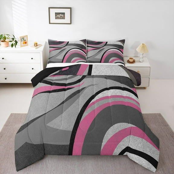 Feelyou Grey Pink Abstract Ombre Bedding Comforter Set, Square Circle Geometric Twin Comforter Sets, Teen Kid Child Adult Reversible Bedding Set, Super Cozy Room Decor, 2-Piece
