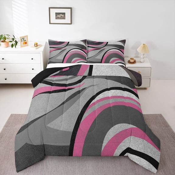 Feelyou Grey Pink Abstract Ombre Queen Comforter Set, Square Circle Geometric Bedding Sets, Teen Kid Child Adult Reversible Bedding Comforter Set, Super Cozy Room Decor, 3-Piece