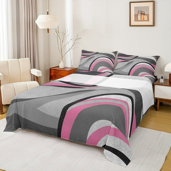 Feelyou Grey Pink Abstract Ombre Queen Sheet Sets, Square Circle Geometric Flat Sheet, Teen Kid Child Adult Queen Fitted Sheet, Super Cozy Room Decor, 4-Piece