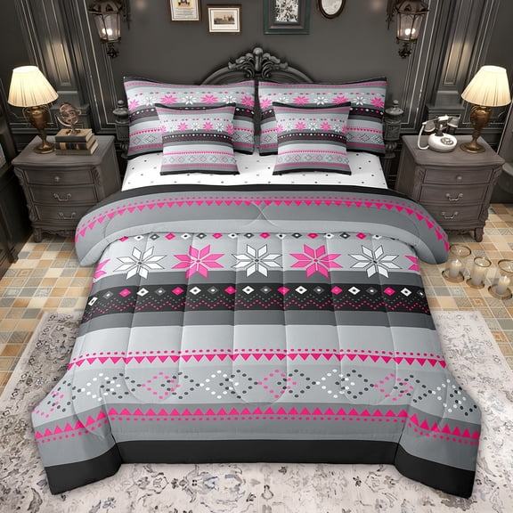 Feelyou Grey Pink Aztec Bedding Comforter Set 7pcs, Boho Rustic Triangle King Bedding Sets, Western Old Fashion Reversible Bed Sheets, Super Cozy Room Decor