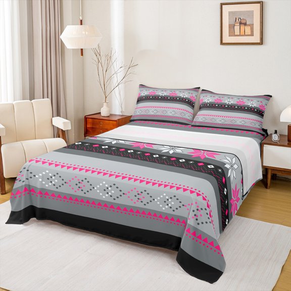 Feelyou Grey Pink Aztec Twin Sheet Sets, Boho Rustic Triangle Twin Fitted Sheet, Western Old Fashion Flat Sheet, Super Cozy Room Decor, 3-Piece