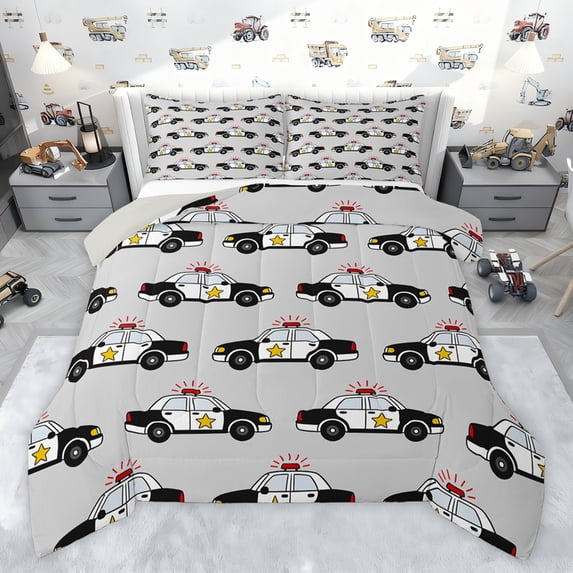 Feelyou Grey Police Car Queen Comforter Set, Kids Boys Girls Bedding Comforter Set, 3pcs