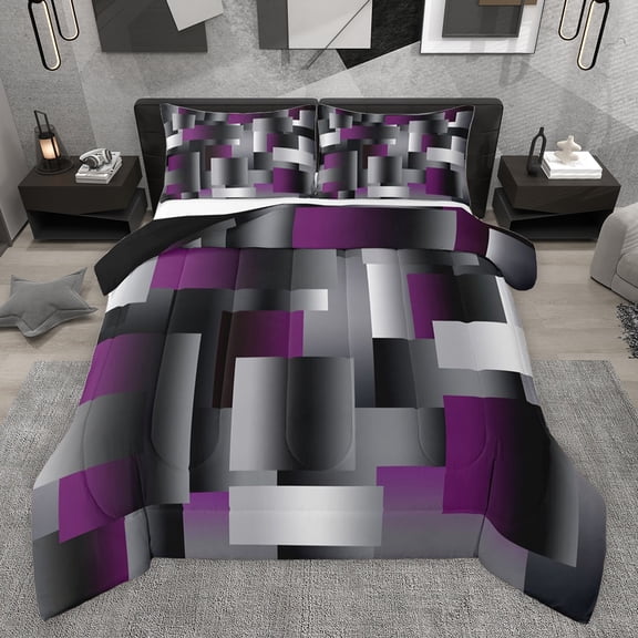 Feelyou Grey Purple Square Teens Twin Comforter Sets, Retro Abstract Bedding Set, 2-Piece