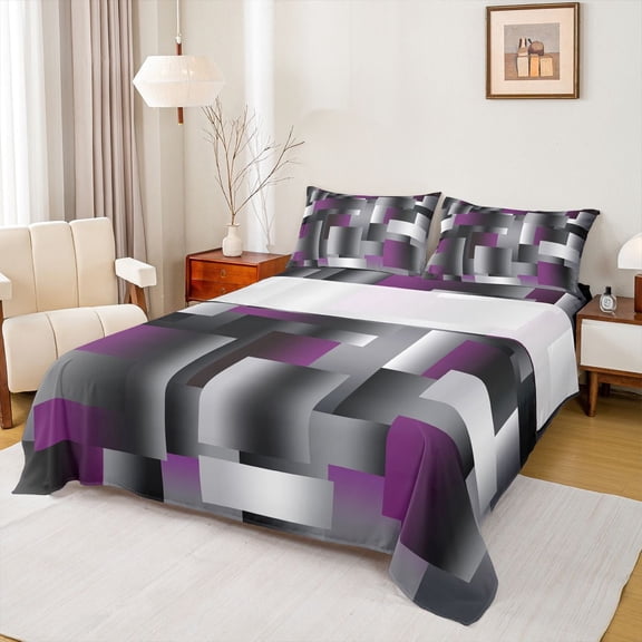 Feelyou Grey Purple Square Teens Twin Sheet Sets, Retro Abstract Bedding, 3-Piece