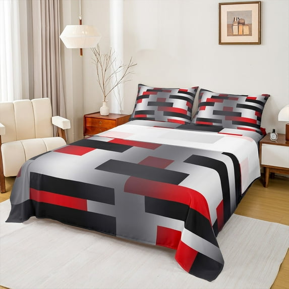 Feelyou Grey Red Rectangle Queen Sheet Sets, Contemporary Fashion Flat Sheet, Geometric Abstract Queen Fitted Sheet, Microfiber Bedroom Decor, 4pcs