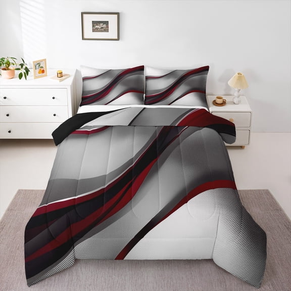 Feelyou Grey Red Stripes Bedding Comforter Set for Adult, Chic Abstract Ombre Twin Comforter Sets, Modern Geometric Reversible Bedding Set, Super Cozy Room Decor, 2-Piece