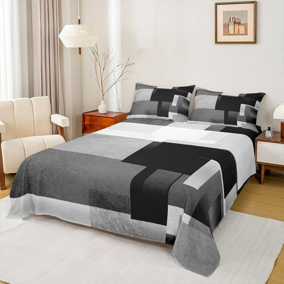 Feelyou Grey Square Geometric Twin Sheet Sets, Vintage Artwork Abstract Twin Fitted Sheet, Chic Rectangle Flat Sheet, Lightweight Room Decor, 3-Piece