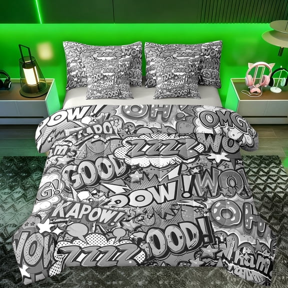 Feelyou Grey Street Graffiti Bedding Comforter Set 7 Pieces for Kids, Anime Artwork Full Bedding Set, Hip Hop Style Reversible Fitted Sheet Flat Sheet, Breathable Home Decor