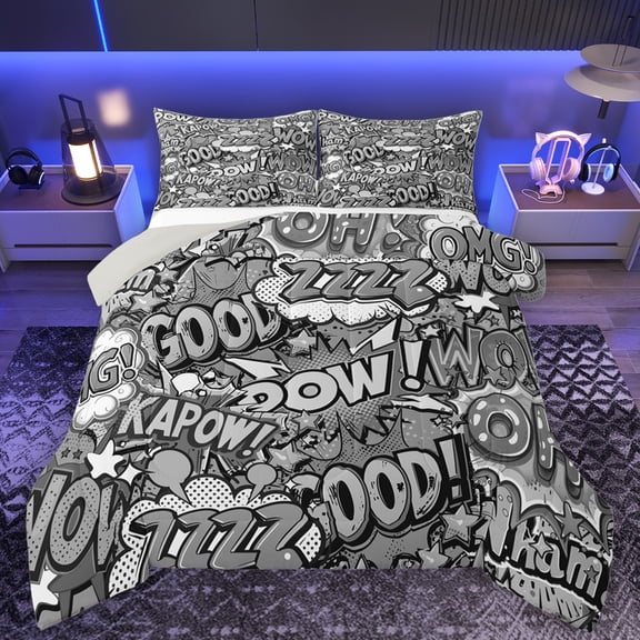Feelyou Grey Street Graffiti Full Size Comforter Sets for Kids, Anime Artwork Bedding Comforter Set, Hip Hop Style Reversible Bedding Sets, Breathable Home Decor, 3-Piece