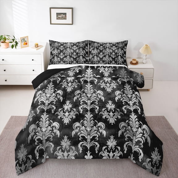 Feelyou Grey Tribal Damask Queen Comforter Set, Boho Floral Bedding Comforter Set, 3pcs