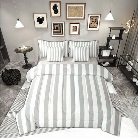Feelyou Grey White Striped Twin Bedding Sets 7-Piece for Kids, Abstract Ombre Bedding Comforter Set, Modern Fashion Reversible Sheet Sets, Ultra Soft Home Decor
