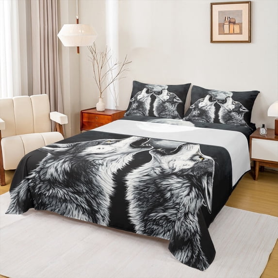 Feelyou Grey Wolf Bed Sheets, Woodland Wildlife King Sheets, Rustic Farmhosue Sheet Set, Luxury Bedroom Decor,4 Pieces
