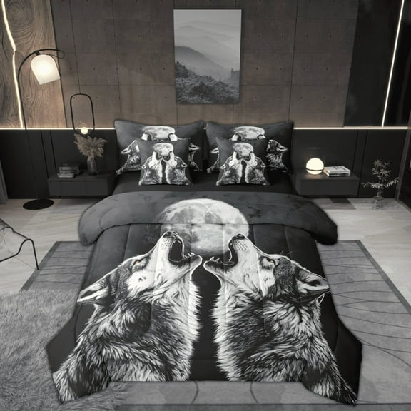 Feelyou Grey Wolf Bedding Comforter Set 7pcs, Woodland Wildlife Queen Bedding Sets, Rustic Farmhosue Reversible Queen Sheet Sets, Luxury Bedroom Decor