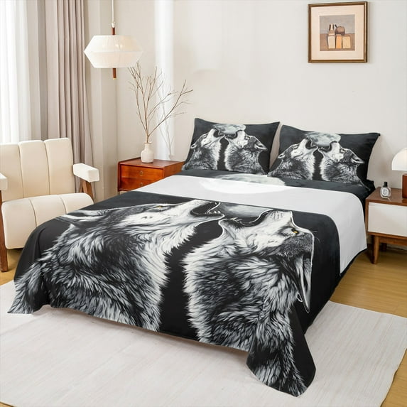Feelyou Grey Wolf Full Size Sheets, Woodland Wildlife Bed Sheets, Rustic Farmhosue Sheet Sets, Luxury Bedroom Decor,4 Pieces