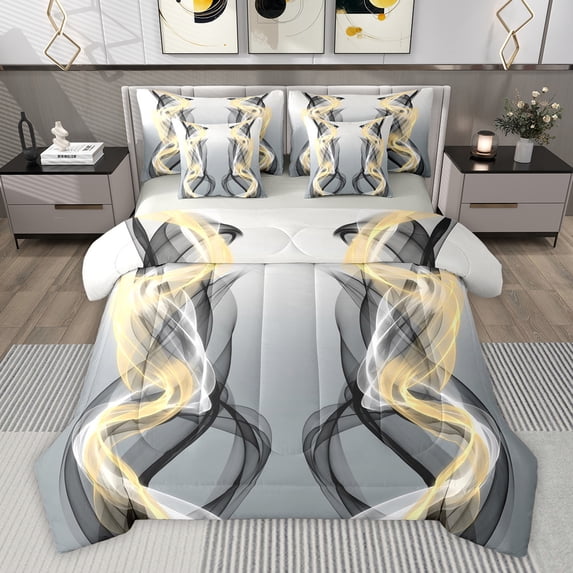 Feelyou Grey Yellow Striped Bedding Comforter Set 7 Pieces, Boho Abstract Stripes Full Bedding Set, Contemporary Lines Reversible Fitted Sheet Flat Sheet, Lightweight Room Decor