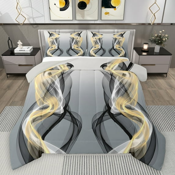 Feelyou Grey Yellow Striped Bedding Comforter Set, Boho Abstract Stripes Twin Comforter Sets, Contemporary Lines Reversible Bedding Set, Lightweight Room Decor, 2pcs