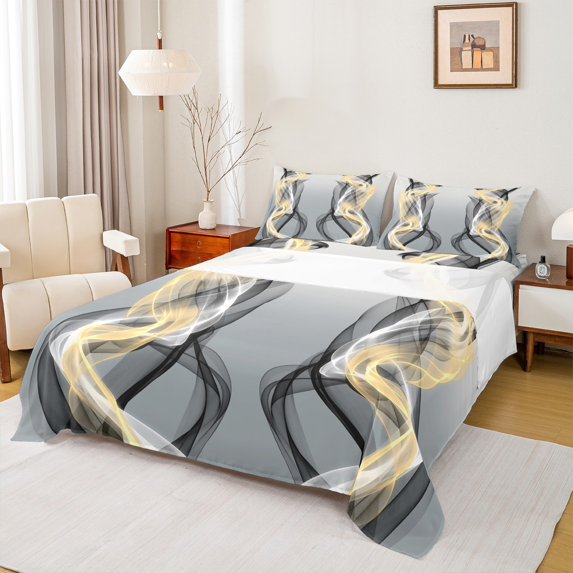 Feelyou Grey Yellow Striped Queen Sheet Sets, Boho Abstract Stripes Flat Sheet, Contemporary Lines Queen Fitted Sheet, Lightweight Room Decor, 4pcs