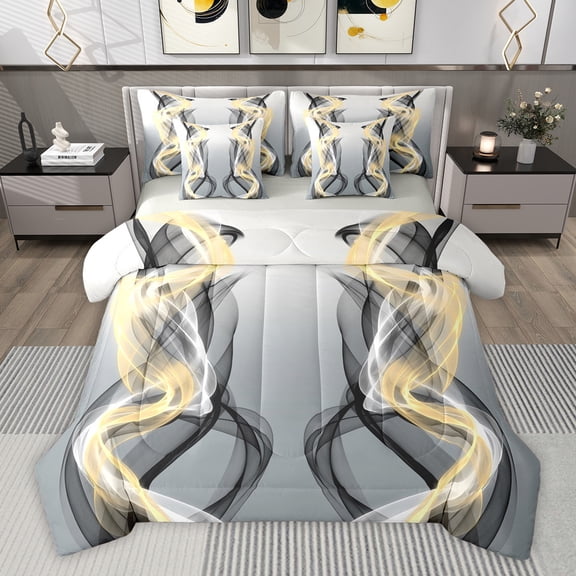 Feelyou Grey Yellow Striped Twin Bedding Sets 7-Piece, Boho Abstract Stripes Bedding Comforter Set, Contemporary Lines Reversible Sheet Sets, Lightweight Room Decor