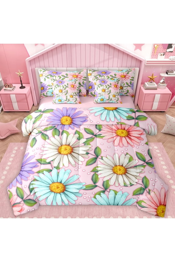 Groovy Daisy Floral Bedding Comforter Set 7 Pieces, Rustic Vibrant Flower Full Bedding Set, Girly Pink Cartoon Reversible Fitted Sheet Flat Sheet, Ultra Soft Bedroom Decor