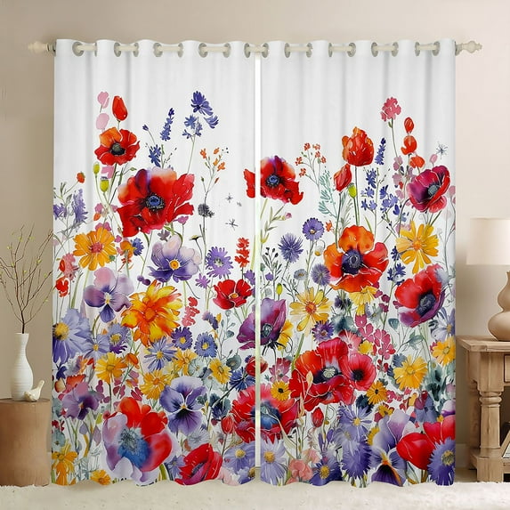 Feelyou Groovy Daisy Flower Black Out Curtains for Kids, Vibrant Rustic Botanical Curtains Pack of 2 (42x63 Each), Ink Watercolor Floral Bedroom Curtains, Window Curtains Home Decor