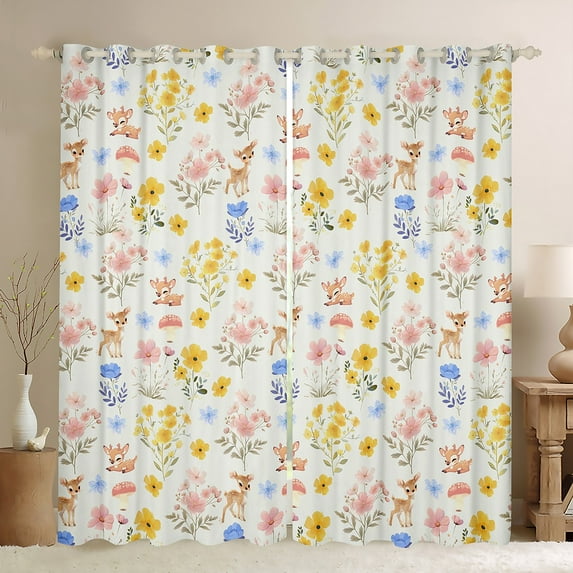 Feelyou Groovy Daisy Flower Curtains Pack of 2 (42x84 Each) for Kids, Kawaii Cartoon Deer Curtains Blackout, Dreamy Fairy Tale Bedroom Curtains, Curtains and Drapes Decor