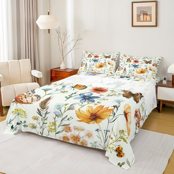 Feelyou Groovy Daisy Flower Full Size Sheets, Spring Butterfly Bed Sheets, 4-Piece