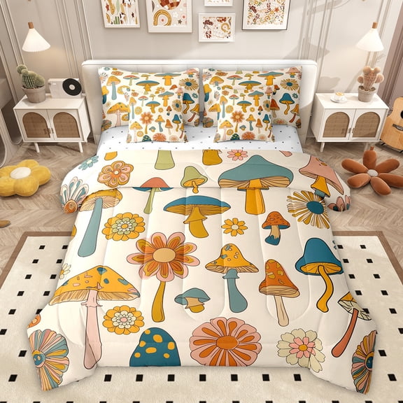 Feelyou Groovy Flower Floral Bedding Comforter Set 7pcs, Cartoon Mushroom Full Bedding Set