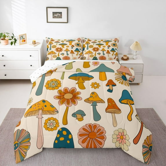 Feelyou Groovy Flower Floral Queen Comforter Set, Mushroom Bedding Comforter Set, 3pcs