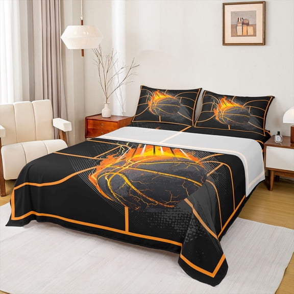 Feelyou Grunge Fire Basketball King Sheets for Boys, Ball Sport Lover Bedding, Orange Black, 4pcs, 1 Flat Sheet, 1 Fitted Sheet and 2 Pillowcases