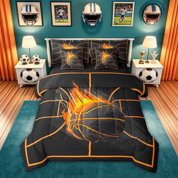Feelyou Grunge Fire Basketball Twin Bedding for Boys, Ball Sport Lover Bedding Comforter Set, Orange Black, Black Reversible, 7pcs