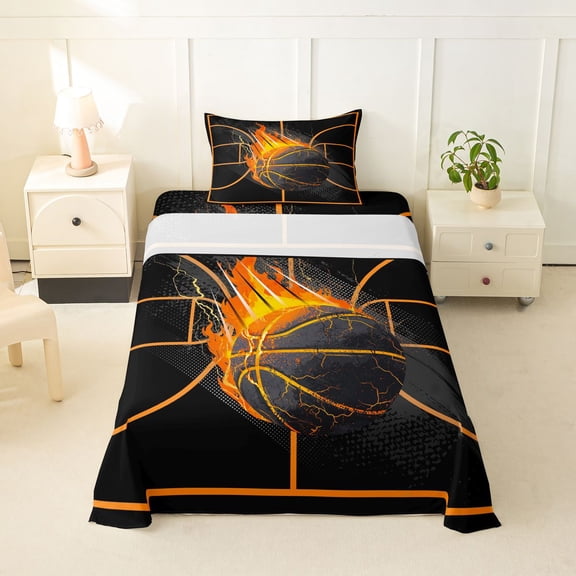 Feelyou Grunge Fire Basketball Twin Sheets for Boys, Ball Sport Lover Bedding, Orange Black, 3pcs, 1 Flat Sheet, 1 Fitted Sheet and 1 Pillowcase