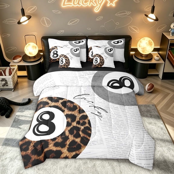 Feelyou Grunge Leopard Print Lucky 8 Ball Twin Bedding for Teens, Grey Vintage Newspaper Bedding Comforter Set, Black Reversible, 7-Piece