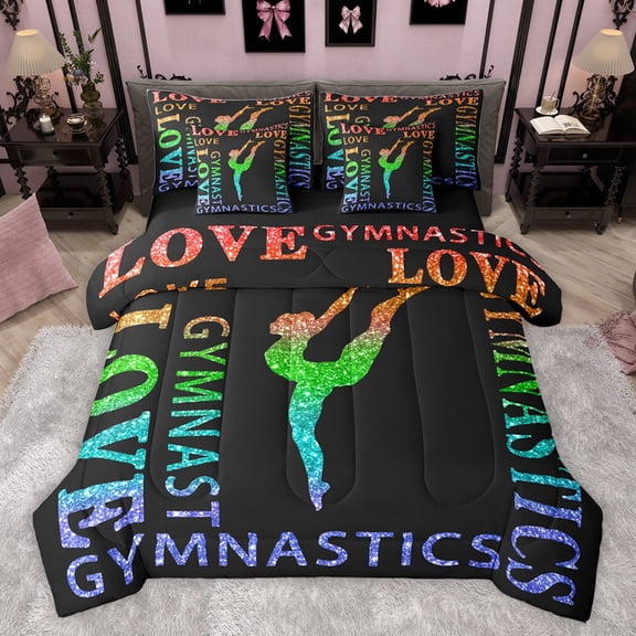 Feelyou Gymnast Athlete Twin Bedding Sets 7-Piece for Kids, Ballet Dancing Bedding Comforter Set, Cartoon Sports Theme Reversible Sheet Sets, Breathable Home Decor