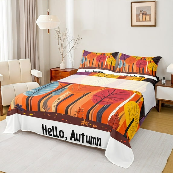 Feelyou Hallo Autumn Queen Sheet Sets, Cartoon Fall Tree Flat Sheet, Modern Minimalism Queen Fitted Sheet, Lightweight Room Decor,4 Pieces