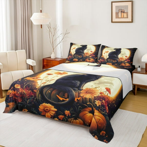 Feelyou Halloween Black Cat Bed Sheets for Kids, Mystic Moon King Sheets, Rustic Groovy Floral Sheet Set, Lightweight Room Decor, 4 Pieces
