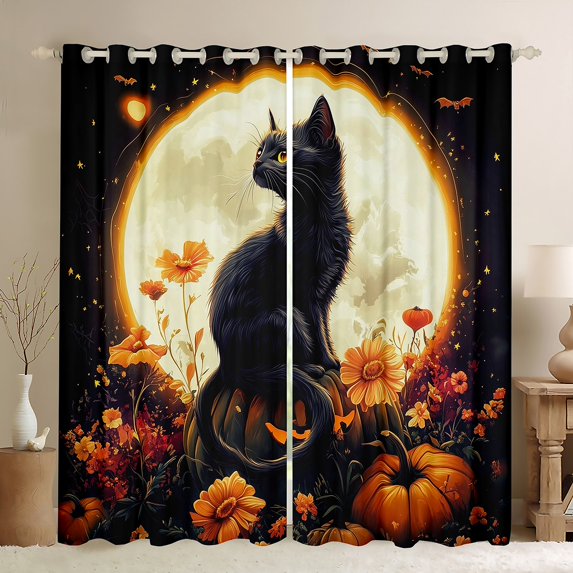 Feelyou Halloween Black Cat Black Out Curtains for Kids, Mystic Moon Curtains Pack of 2 (42x63 Each), Rustic Groovy Floral Bedroom Curtains, Blackout Curtains Room Decor