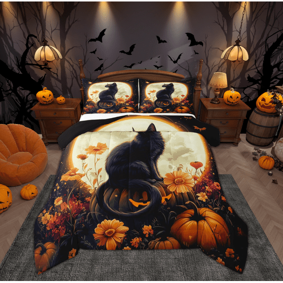 Feelyou Halloween Black Cat Queen Comforter Set for Kids, Mystic Moon Bedding Sets, Rustic Groovy Floral Reversible Bedding Comforter Set, Lightweight Room Decor, 3 Pieces