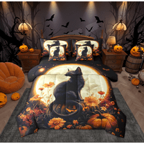 Feelyou Halloween Black Cat Twin Bedding Sets 7-Piece for Kids, Mystic Moon Bedding Comforter Set, Rustic Groovy Floral Reversible Sheet Sets, Lightweight Room Decor