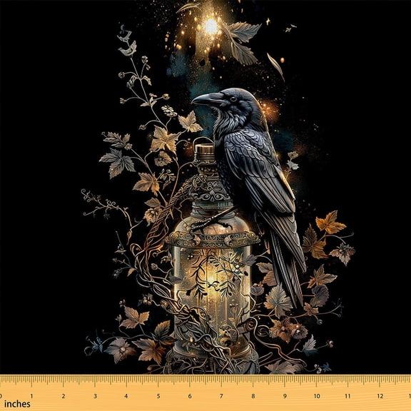 Feelyou Halloween Crow Fabric by the Yard 1 Yard, Western Gothic Moon Room Decor Fabric by the Yard, Boho Jungle Plant Fabric for Sewing, Luxury Bedroom Decor