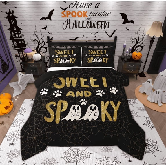 Feelyou Halloween Cute Ghost Full Size Comforter Sets for Kid, Sweet and Spooky Bedding Comforter Set, Gothic Spider Web Reversible Bedding Sets, Luxury Bedroom Decor, 3pcs