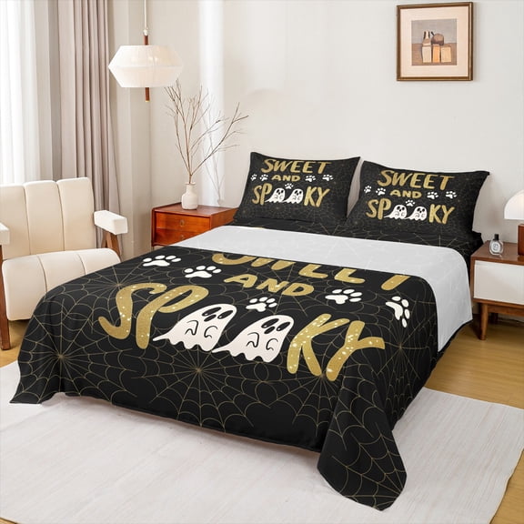 Feelyou Halloween Cute Ghost Queen Sheet Sets for Kid, Sweet and Spooky Flat Sheet, Gothic Spider Web Queen Fitted Sheet, Luxury Bedroom Decor, 4pcs