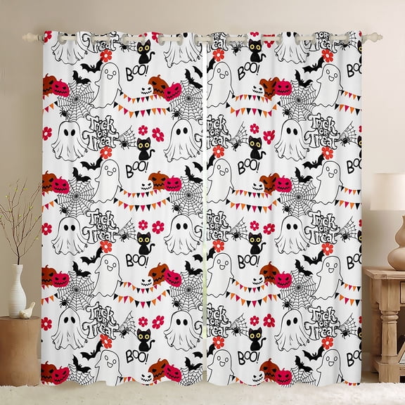Feelyou Halloween Ghost Blackout Curtains Set of 2 (52x84 Each) for Kids, Kawaii Black Cat Window Curtains, Gothic Pumpkin Bat Curtains and Drapes, Curtains and Drapes Home Decor