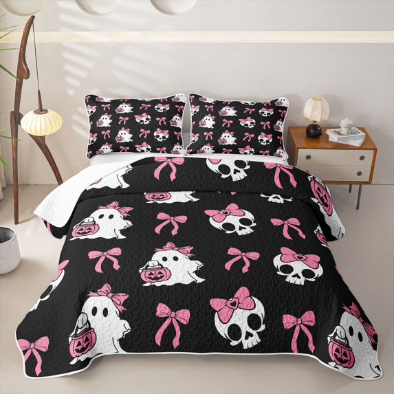 Feelyou Halloween Ghost Bow Twin Quilt Set, Spooky Skull Pumpkin Twin Coverlet Set, 2-Piece, 1 Comforter and 1 Pillowcase