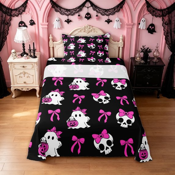 Feelyou Halloween Ghost Bow Twin Sheets, Skull Pumpkin Bedding, Black Hot Pink, 3pcs, 1 Flat Sheet, 1 Fitted Sheet and 1 Pillowcase