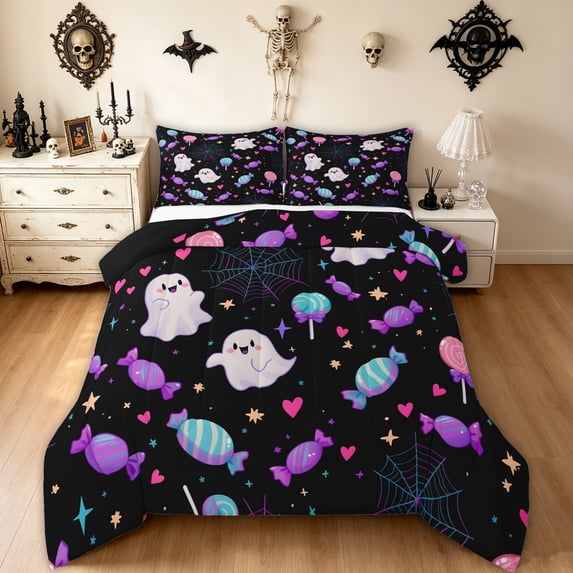 Feelyou Halloween Ghost Candy Queen Comforter Set, Cute Spider Web Comforter Sets Queen, Black Purple, Black Reversible, 3-Piece, 1 Comforter and 2 Pillowcases