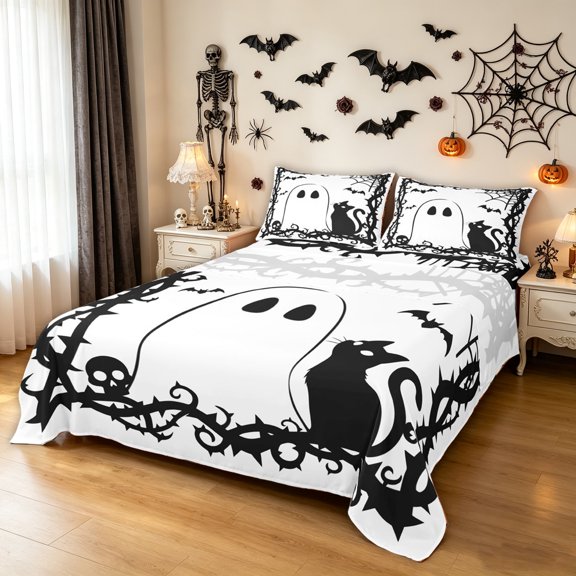 Feelyou Halloween Ghost Cat Bed Sheets, Spooky Black White Thorn Rose Full Size Sheets, 4pcs, 1 Flat Sheet, 1 Fitted Sheet and 2 Pillowcases