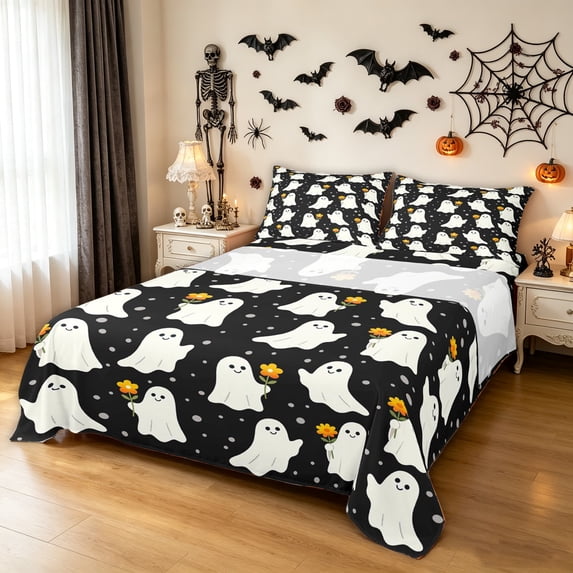 Feelyou Halloween Ghost Flower Bed Sheets, Cute Polka Dot Full Size Sheets, 4-Piece, 1 Flat Sheet, 1 Fitted Sheet and 2 Pillowcases