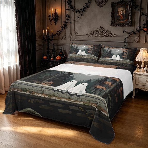 Feelyou Halloween Ghost King Sheets, Boho Moon Forest Castle Bedding, Gray White, 4 Pieces, 1 Flat Sheet, 1 Fitted Sheet and 2 Pillowcases