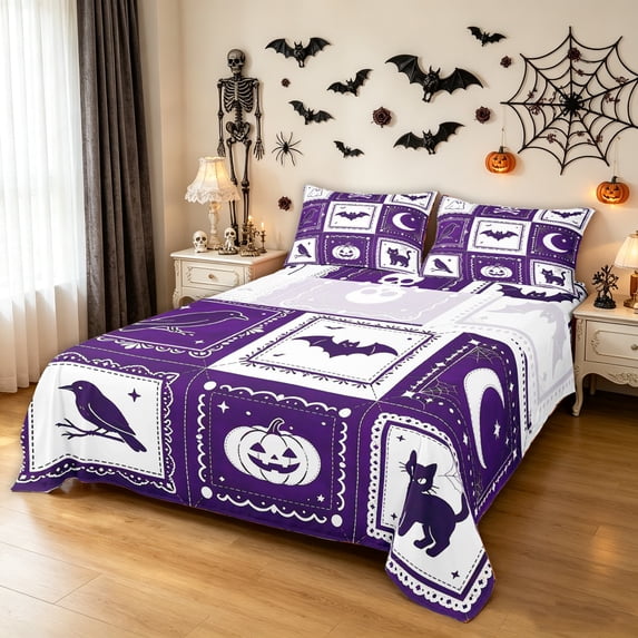 Feelyou Halloween Ghost Raven King Sheets, Boho Starry Sky Moon Bedding, Purple White, 4pcs, 1 Flat Sheet, 1 Fitted Sheet and 2 Pillowcases